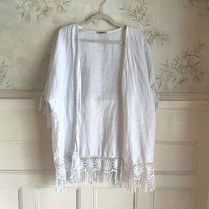 Made in Italy White 100% Linen Kimono Swim Coverup Crochet Lace Shawl Free Size